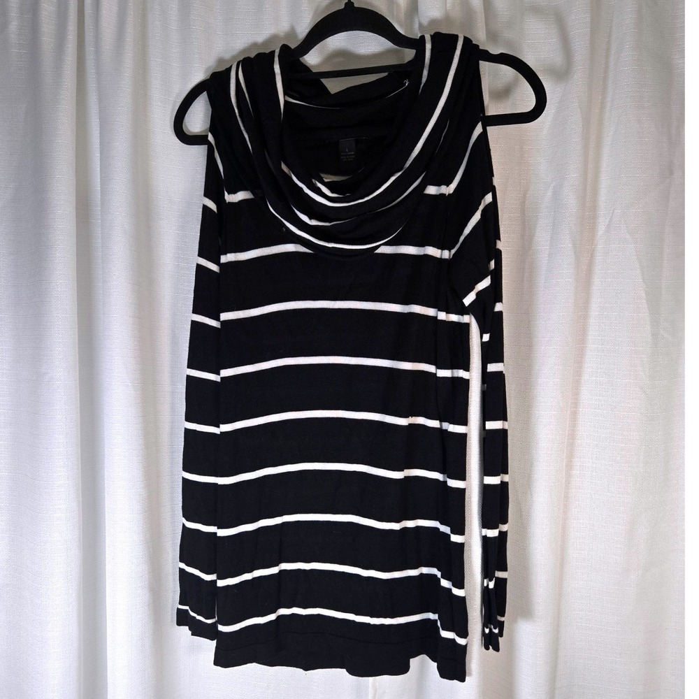 INC International Concepts Large Black White Striped Cowl Neck Cold Shoulder Top